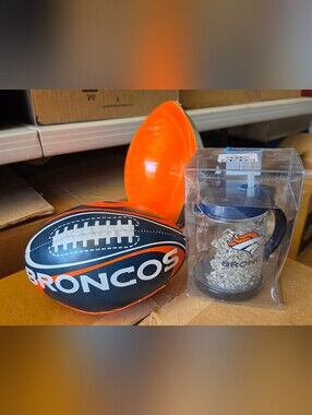 DENVER BRONCOS mug with lid and straw plus 2 FOOTBALLS (NERF & Broncos Plush)
